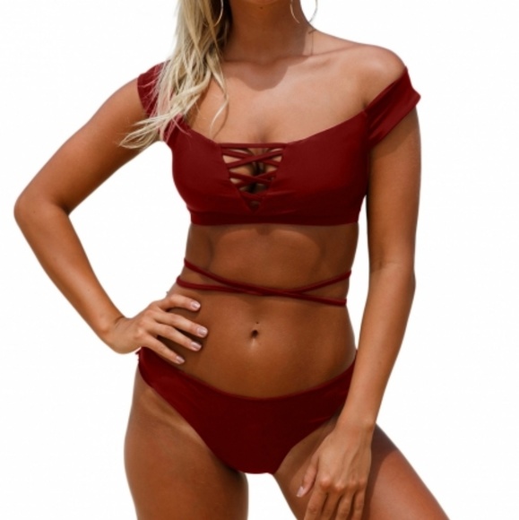 Starlights Fashion Other - Burgundy Strappy Crisscross 2pcs Tankini Swimsuit